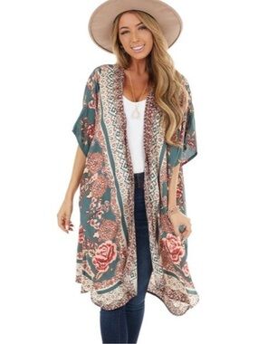 Angie medium rayon Boho Floral Kimono Cardigan Teal pink green red loose duster
